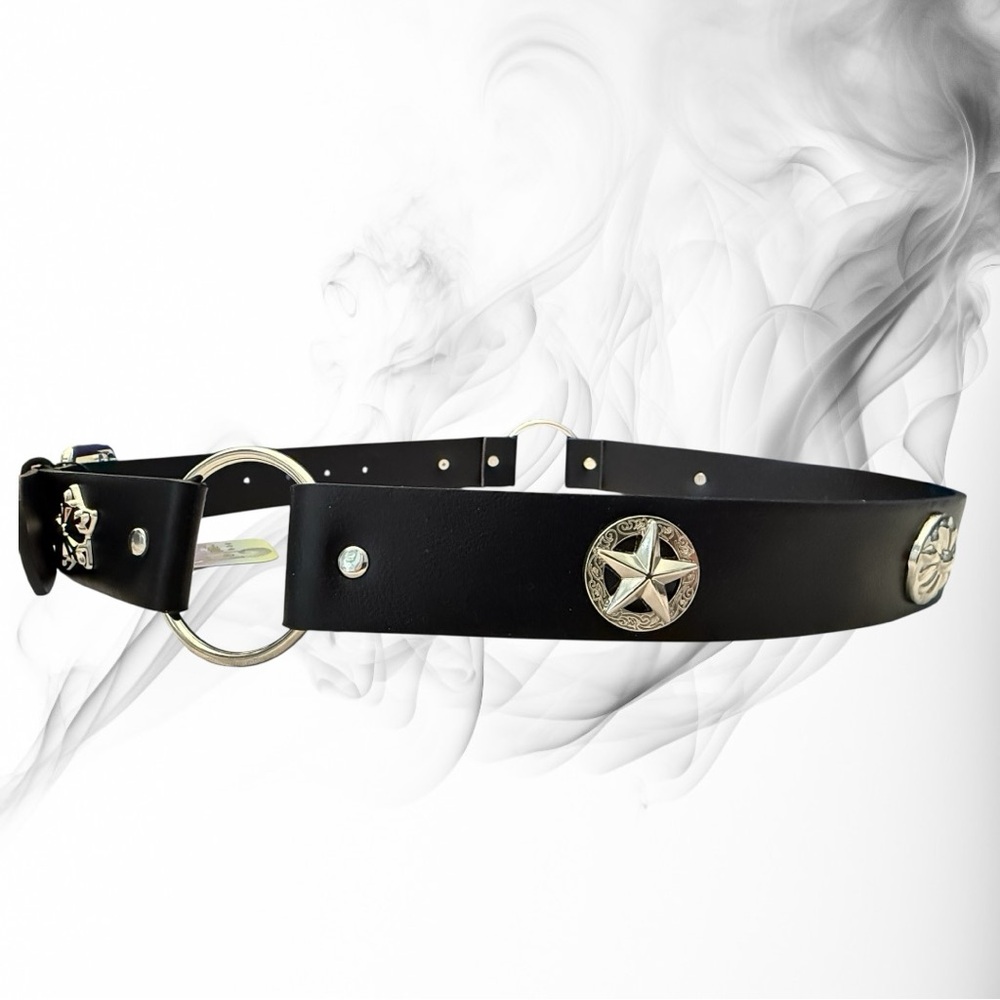 NWT WESTERN STYLE BLACK FAUX LEATHER BELT WITH SILVER ACCENTS